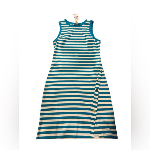 NWT Michael Kors Striped Sleeveless shift Dress Turquoise and White Stripes XS - Picture 1 of 5